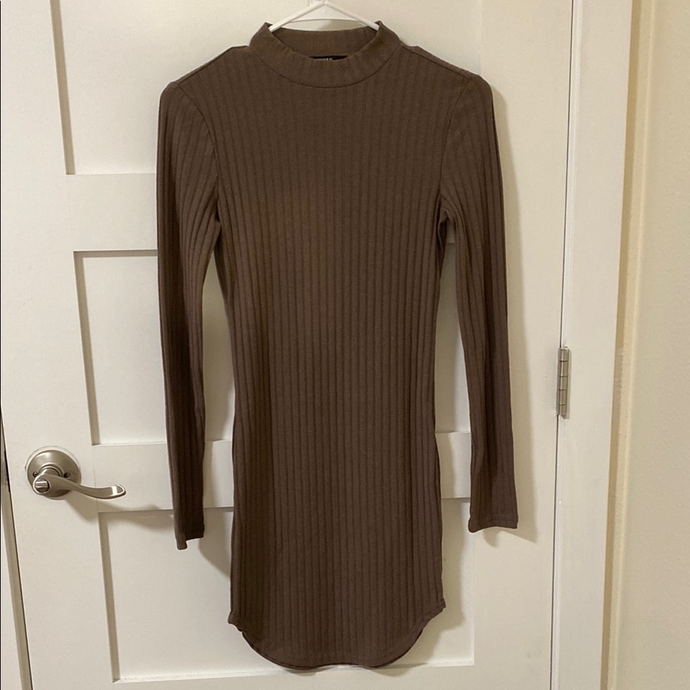 Forever 21 Elegant Taupe/Brown Ribbed Long Sleeve Mock Neck Dress Small